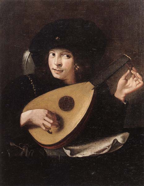 A Young man tuning a lute